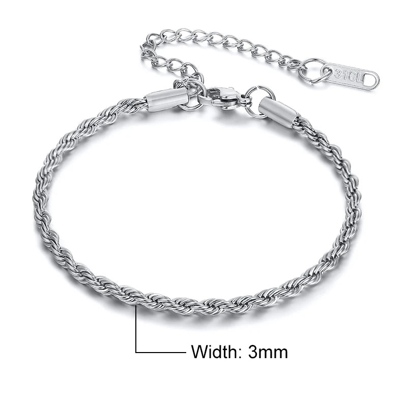 Elynico Rope Chain Bracelet – Unissex, Aço Inoxidável, Estilo Clássico