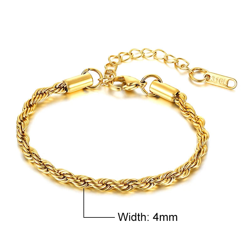 Elynico Rope Chain Bracelet – Unissex, Aço Inoxidável, Estilo Clássico