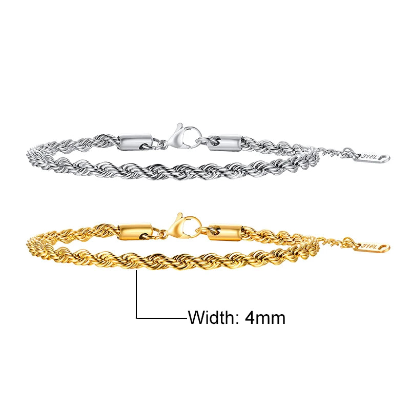 Elynico Rope Chain Bracelet – Unissex, Aço Inoxidável, Estilo Clássico