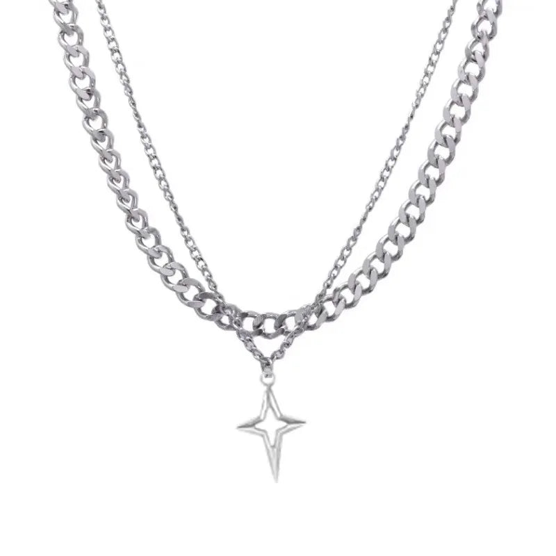 Elynico Double Layered Cuban Star Necklace – Titanium Steel Hip-Hop Chain (Unissex)