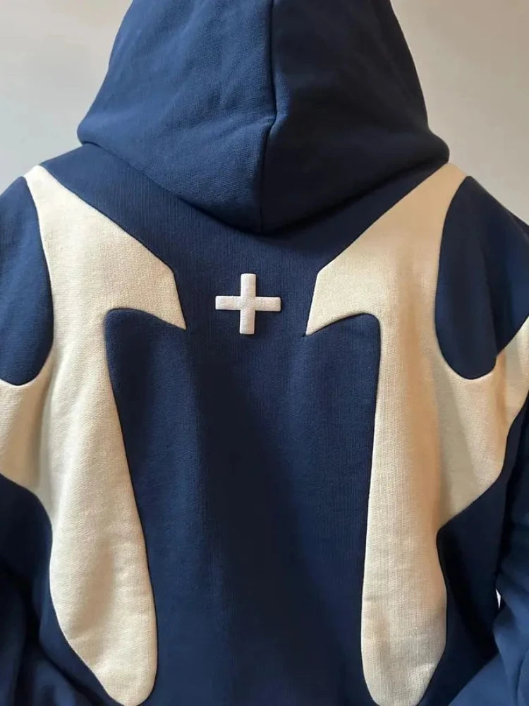 Moletom Elynico Patch Y2K – Zíper, Oversized, Retro Hip-Hop Gótico, Unissex