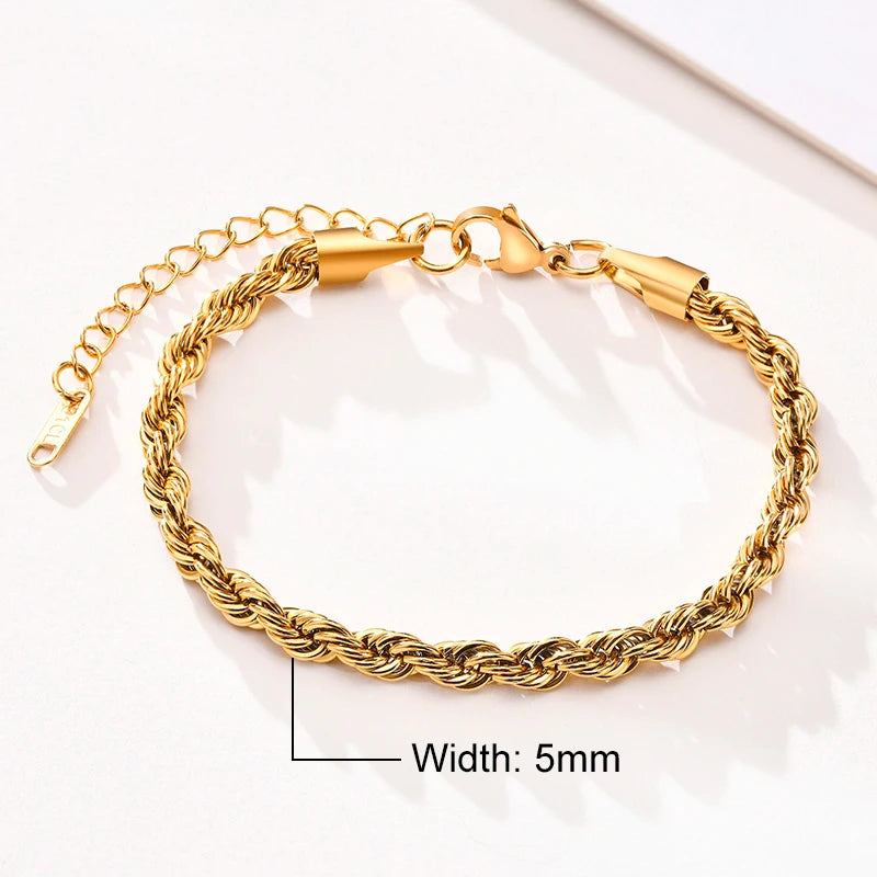 Elynico Rope Chain Bracelet – Unissex, Aço Inoxidável, Estilo Clássico