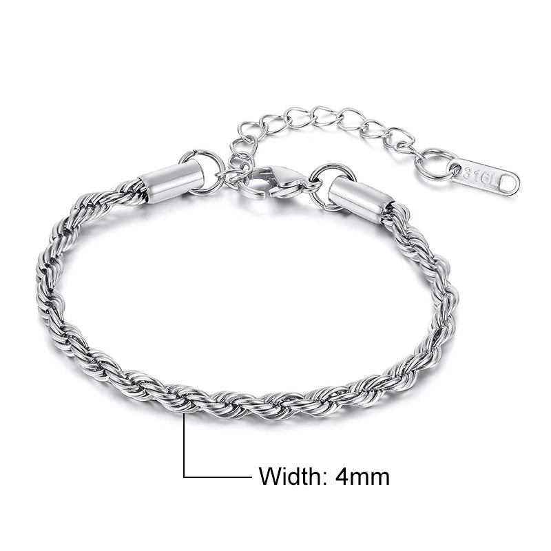 Elynico Rope Chain Bracelet – Unissex, Aço Inoxidável, Estilo Clássico
