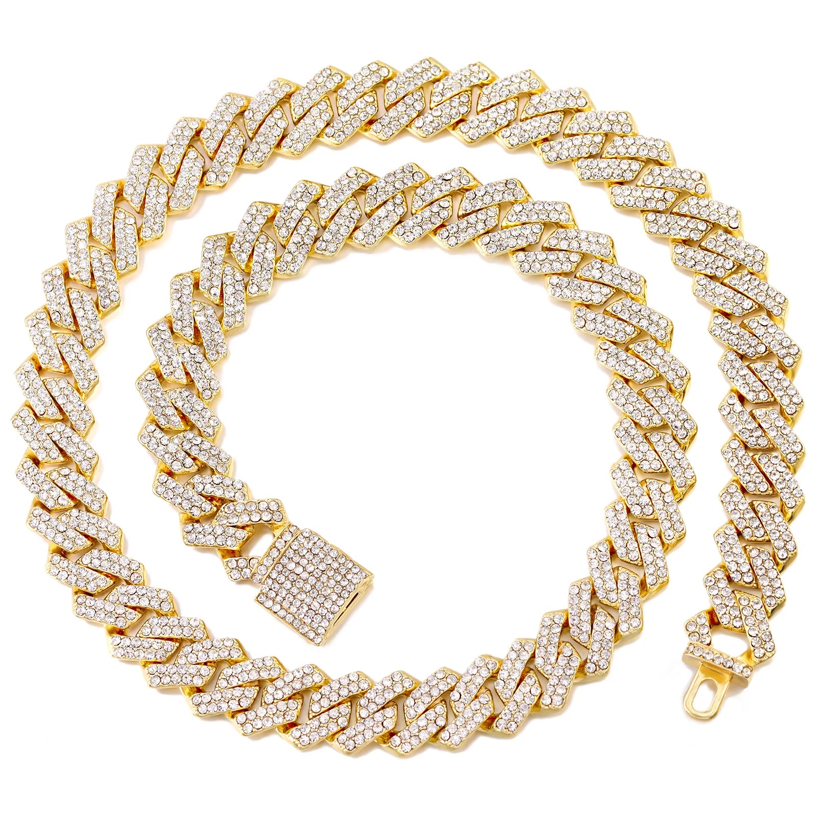 Elynico Prong Cuban Link Chain – Iced Out 2-Row Rhinestone Miami Necklace (Unissex)