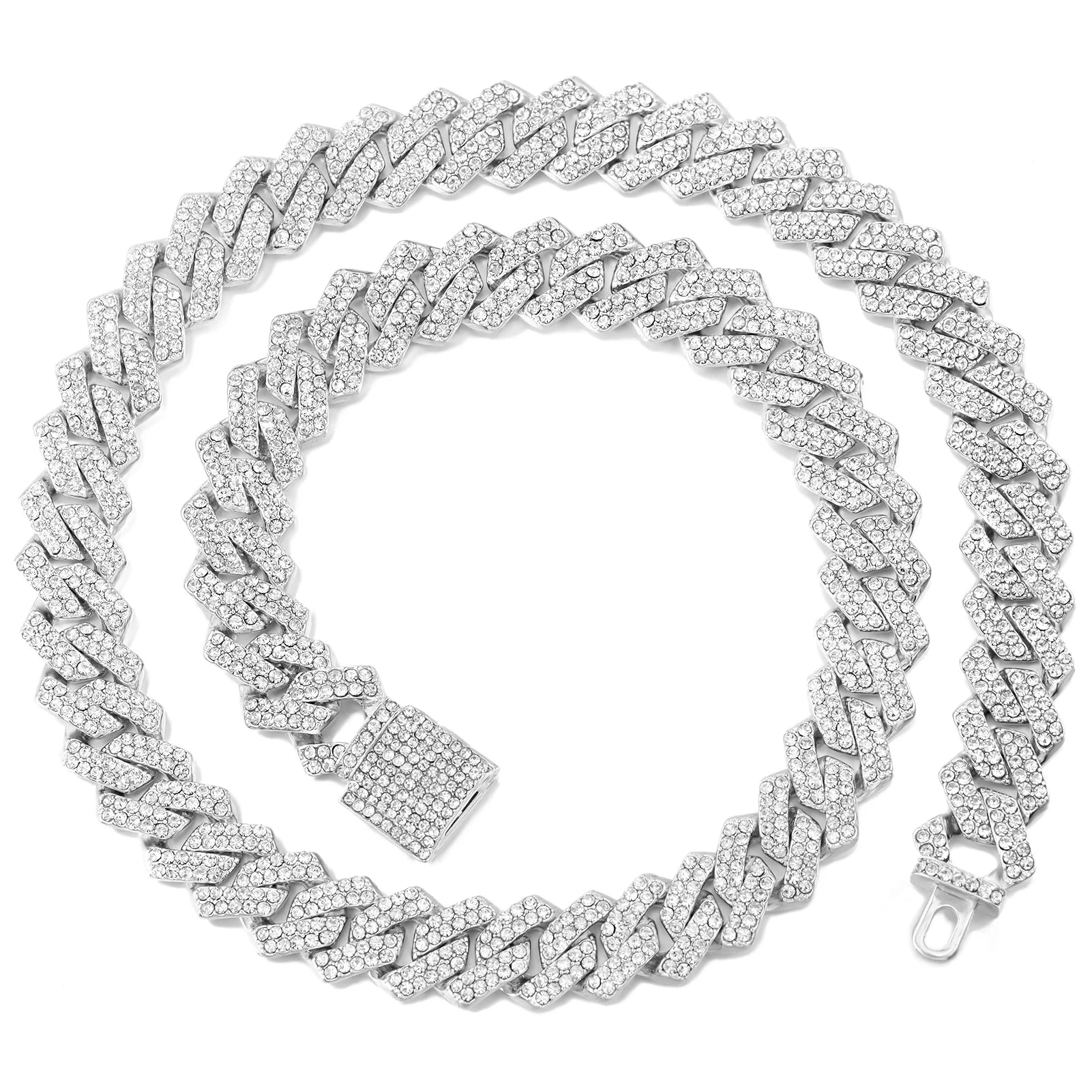 Elynico Prong Cuban Link Chain – Iced Out 2-Row Rhinestone Miami Necklace (Unissex)