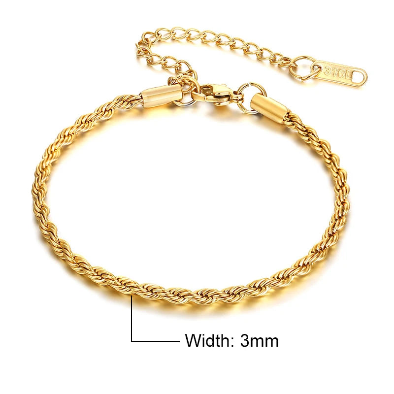 Elynico Rope Chain Bracelet – Unissex, Aço Inoxidável, Estilo Clássico
