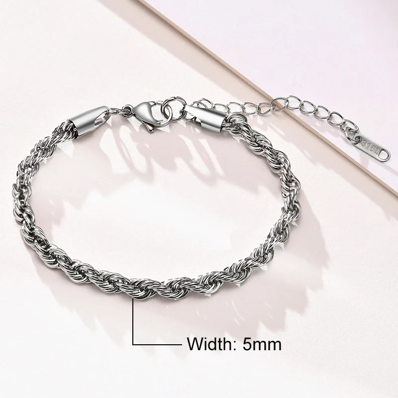 Elynico Rope Chain Bracelet – Unissex, Aço Inoxidável, Estilo Clássico