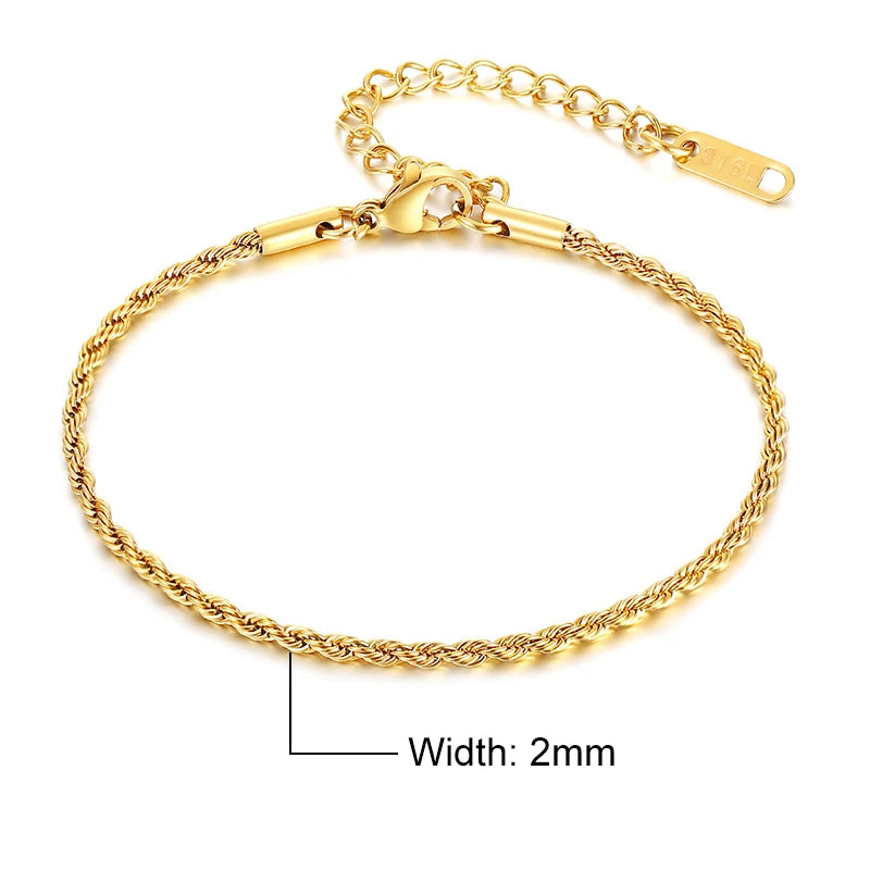 Elynico Rope Chain Bracelet – Unissex, Aço Inoxidável, Estilo Clássico