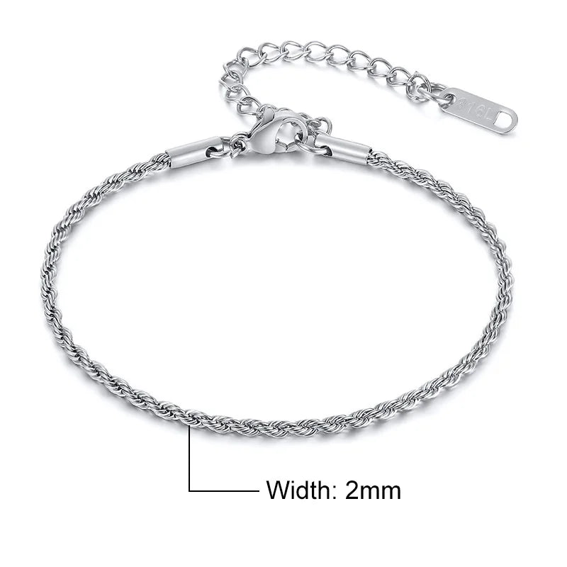Elynico Rope Chain Bracelet – Unissex, Aço Inoxidável, Estilo Clássico